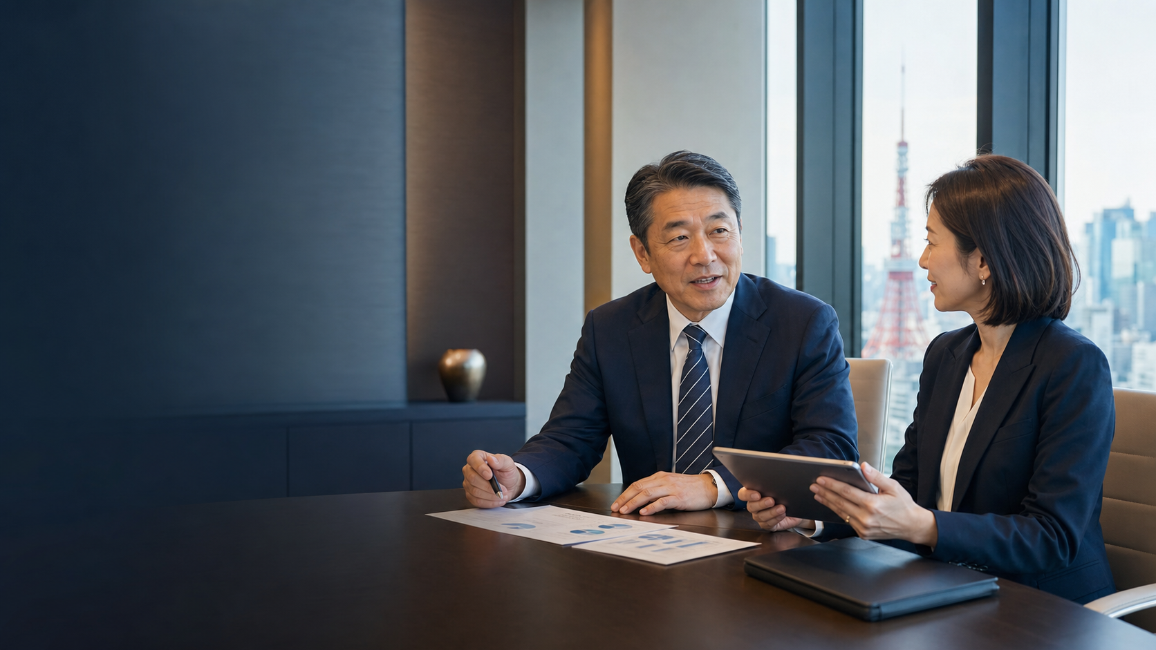 東京の会議室で会社承継とM&Aについて相談する経営者とアドバイザー