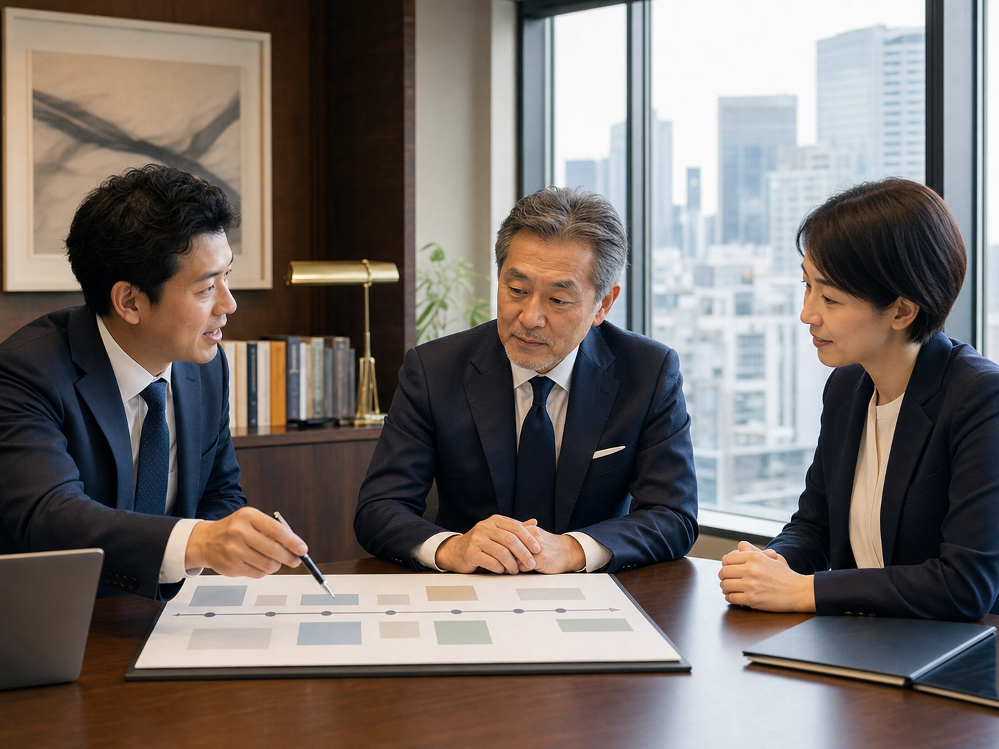 会社承継の進行計画を確認する東京の経営者とアドバイザー