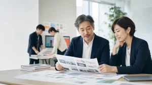 東京の広告制作会社で事業承継計画を確認する経営者と金融グループ担当者