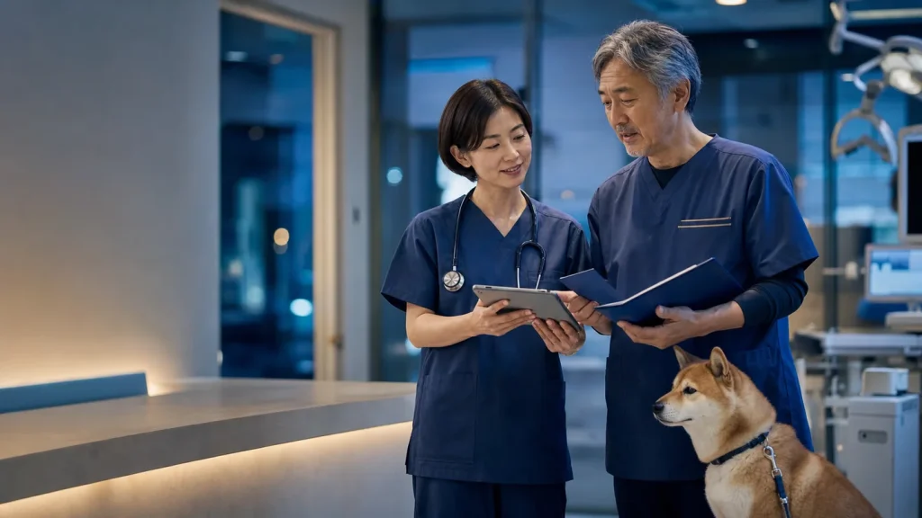 夜間動物医療の承継計画を確認する日本人獣医師と病院経営者