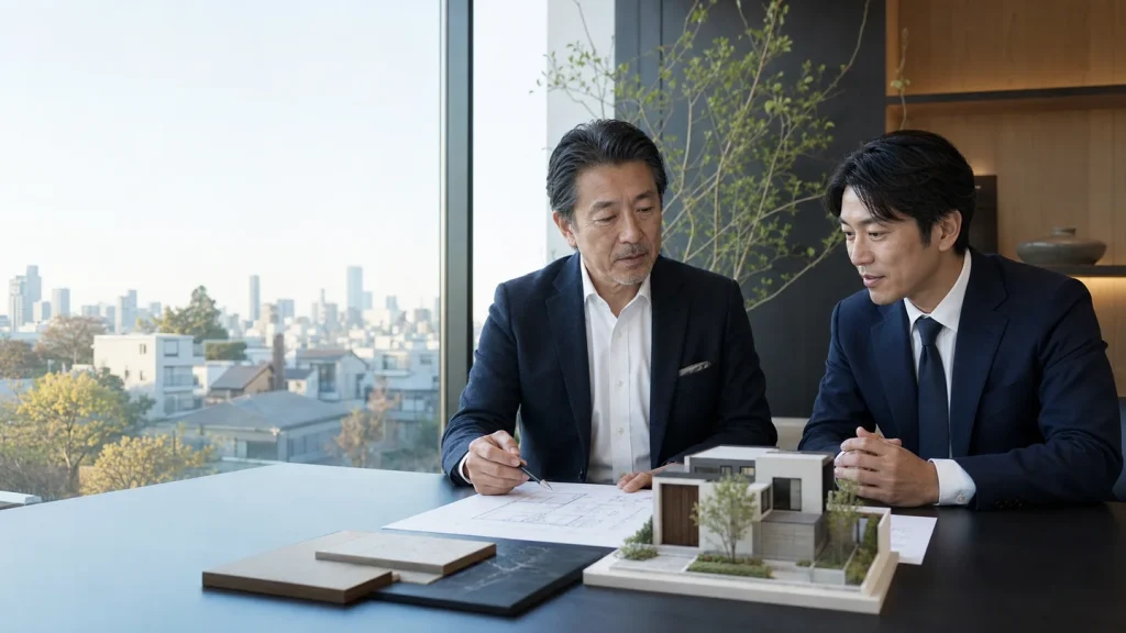 東京の住宅会社の事業承継について設計図を見ながら話す経営者と承継担当者