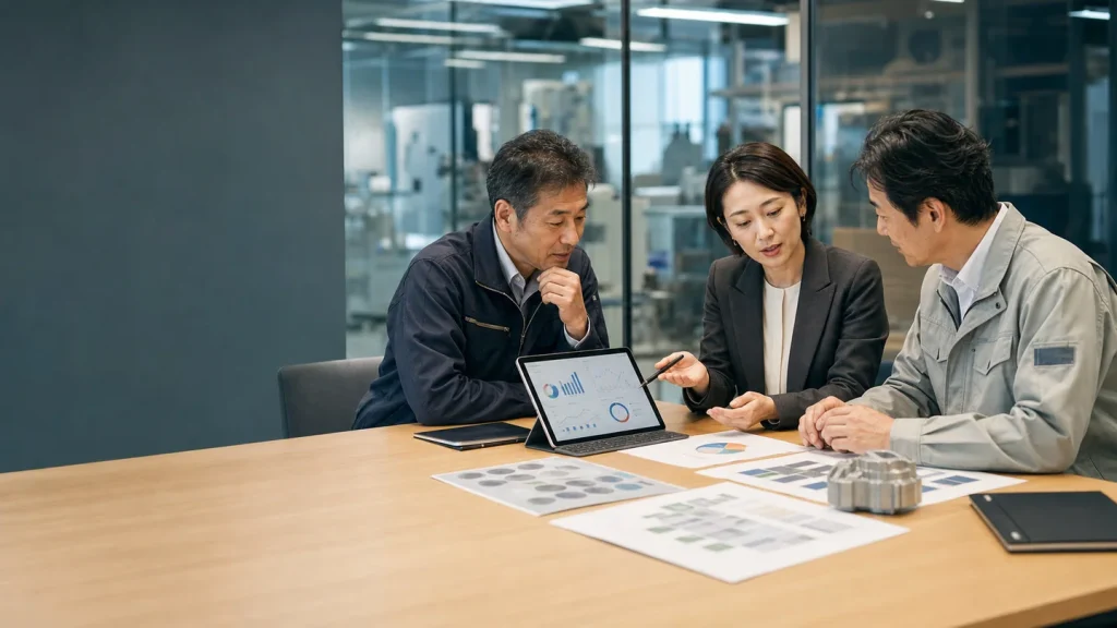 財務と非財務の資料を使って会社の強みを整理する経営者と専門家