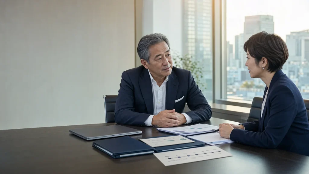 東京の会社売却について秘密保持のもと相談する経営者とM&Aアドバイザー