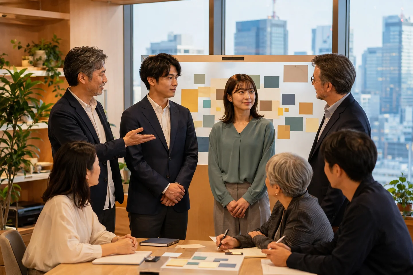 M&A成立後の事業承継とPMI計画について経営者と従業員が話し合う様子(イメージ)
