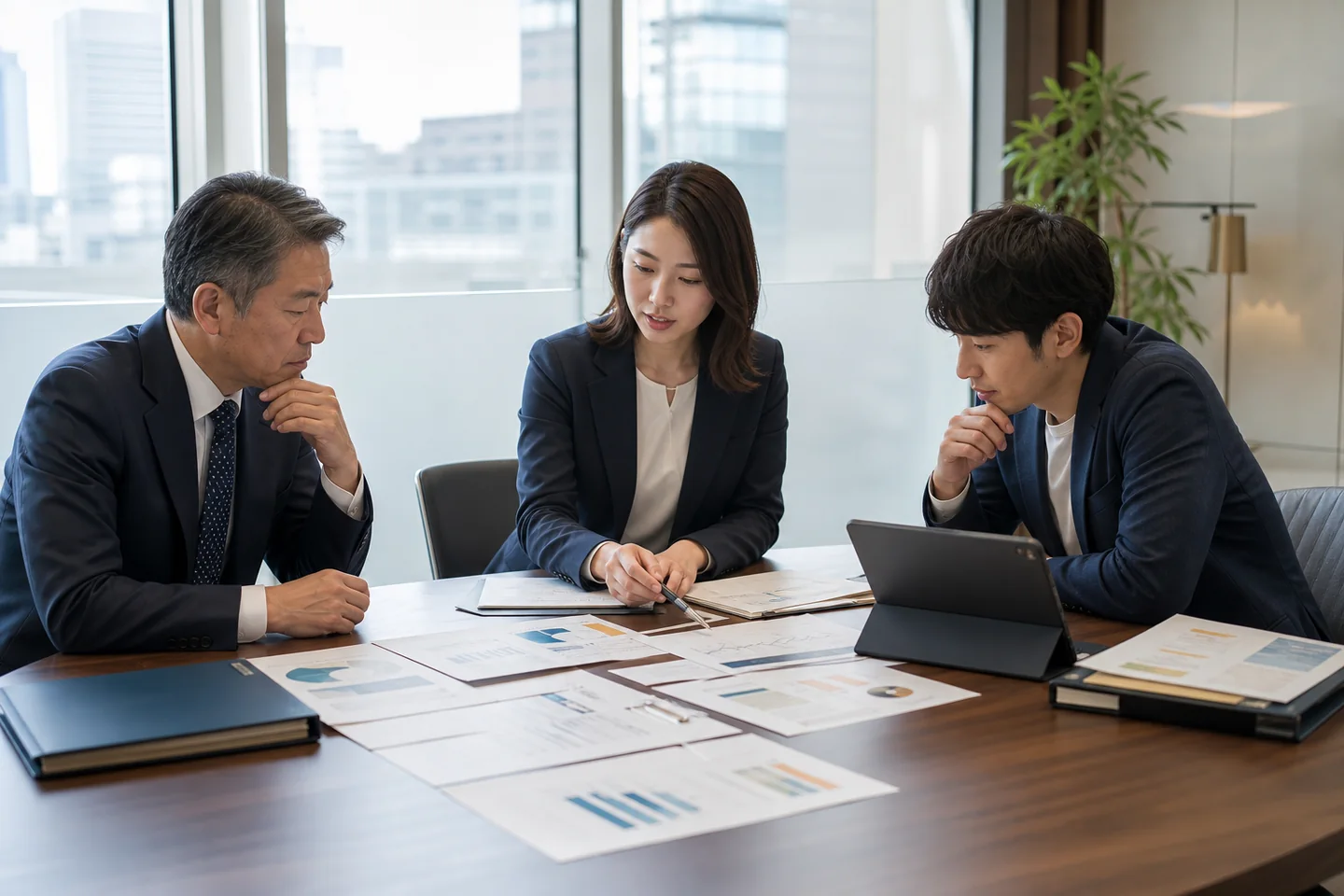 東京の経営者と専門家が財務資料や事業データをもとに企業価値を整理する様子(イメージ)